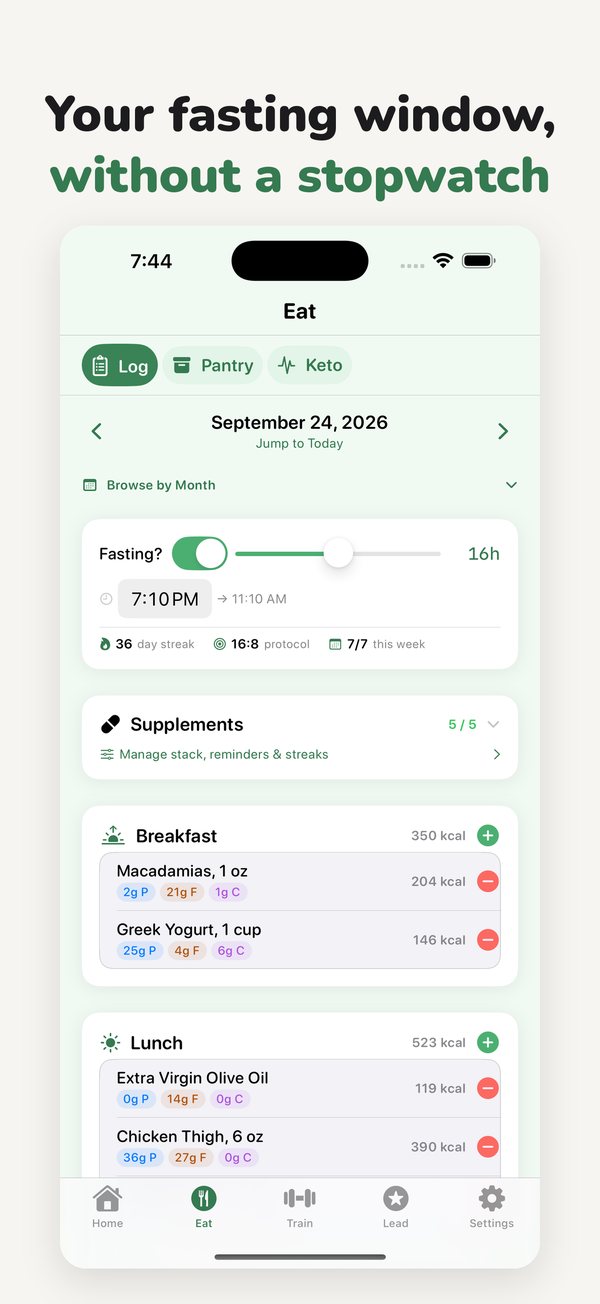 Fasting: set an eating window once, no stopwatch