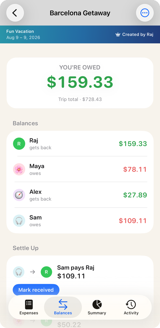 TallyTrip balances screen showing who is owed what and a settle-up plan