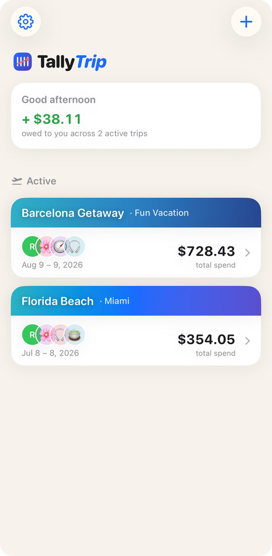 TallyTrip home screen listing active trips with their total spend